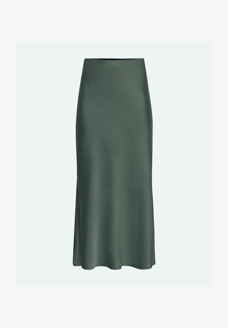Satin grøn midi-nederdel med en glat tekstur, høj talje og sideslids for nem bevægelse. Har et minimalistisk design og klassisk silhuet.