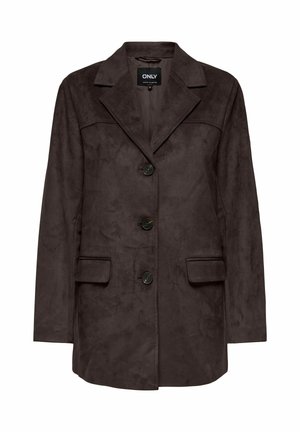 Brūna mākslīgā zamša žakete ar izcelto apkakli, trim priekšējiem pogām un divām sānu kabatām. Gluda tekstūra un pieguļošs siluets.