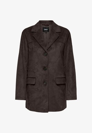 Brown faux suede blazer with a notched collar, three front buttons, and two side pockets. Smooth texture and tailored fit.