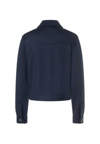 Marineblauwe jas met een kraag, lange mouwen en knoopmanchetten. Heeft een strakke, effen ontwerp en een getailleerde pasvorm, gemaakt van gestructureerde stof.