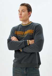 Sudadera gris oscuro con cuello redondo acanalado, con rayas amarillas y blancas. En la parte frontal tiene letras en relieve "HIGH PEAK" en negrita. Tejido suave.