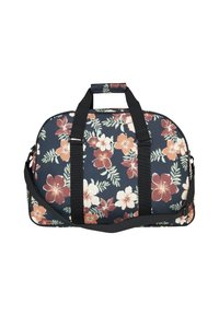 Kwiatowa torba podróżna na tle granatowym, z dużymi kwiatami w kolorze koralowym, kremowym oraz zielonymi liśćmi, czarnymi uchwytami i zaokrąglonym kształtem.