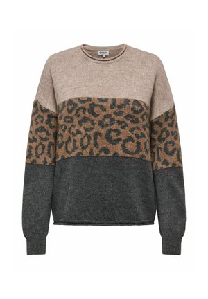 Pull colorblock avec haut beige, centre à imprimé léopard et bas et manches gris foncé. Col rond, manches longues, style décontracté.