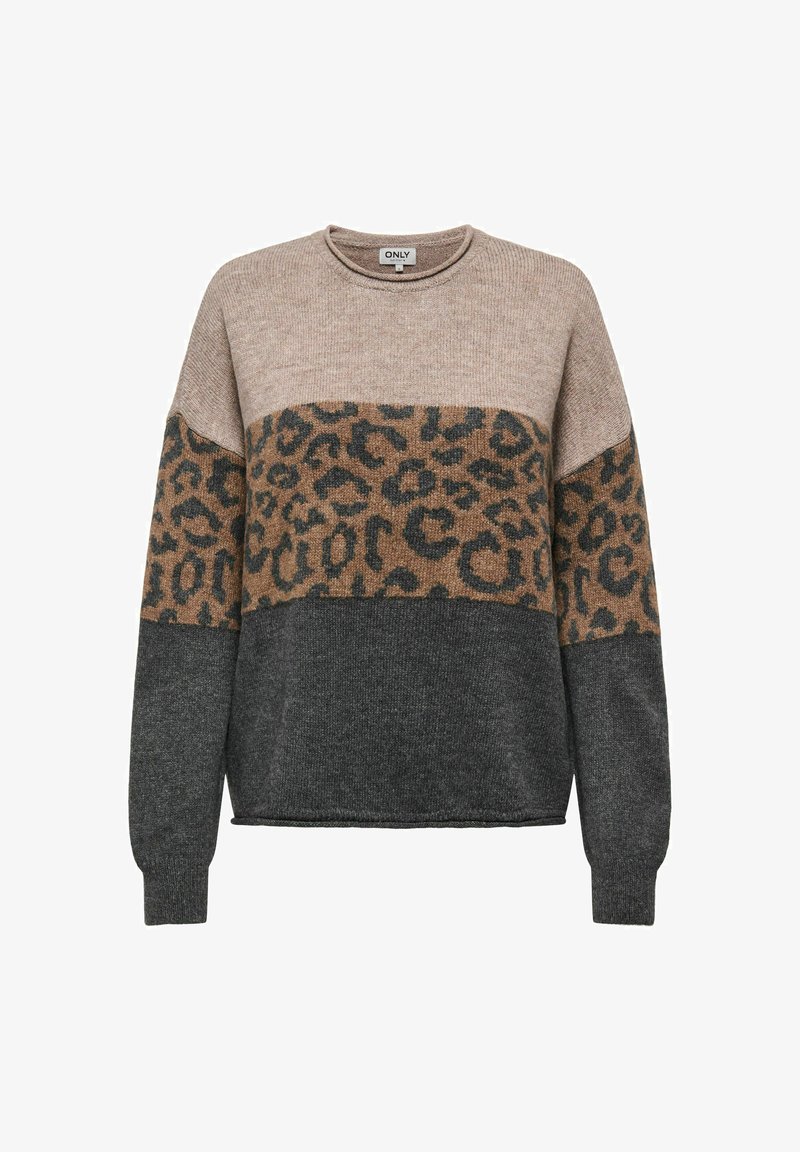 Pull colorblock avec haut beige, centre à imprimé léopard et bas et manches gris foncé. Col rond, manches longues, style décontracté.