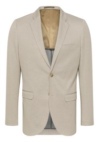 Beige blazer with a textured fabric, single button closure, notched lapels, and two front pockets; features a contrast lining.