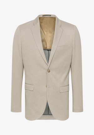 Beżowa marynarka z fakturowanej tkaniny, zapięcie na jeden guzik, klapy oraz dwie przednie kieszenie; posiada kontrastową podszewkę.