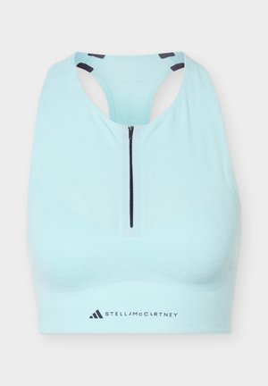 Reggiseno sportivo azzurro chiaro con cerniera frontale e design racerback, con loghi Adidas e Stella McCartney sulla parte inferiore frontale.