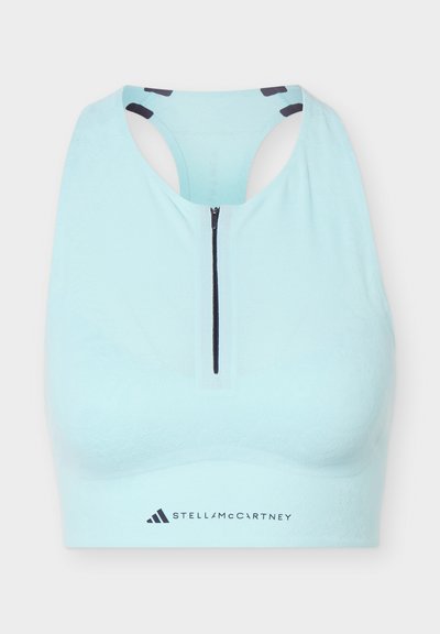 Hellblauer Sport-BH mit Frontreißverschluss und Racerback-Design, mit Adidas- und Stella McCartney-Logos an der unteren Vorderseite.