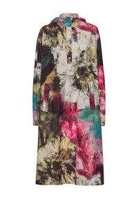 Bloemenpatroon regenjas met capuchon, voorzien van een meerkleurenprint in roze, teal en bruine tinten, en met een knoopsluiting aan de voorkant.
