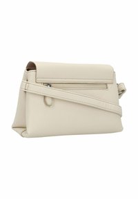 Borsa a tracolla bianca in pelle con una forma strutturata, tasca con zip sul davanti e tracolla regolabile. Superficie testurizzata.