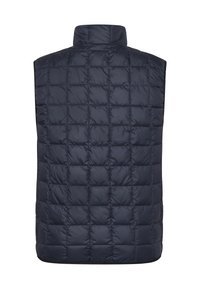 Diepblauwe doorgestikte mouwloze bodywarmer met hoge kraag, vierkant stikpatroon, gezien van achteren op een witte achtergrond.