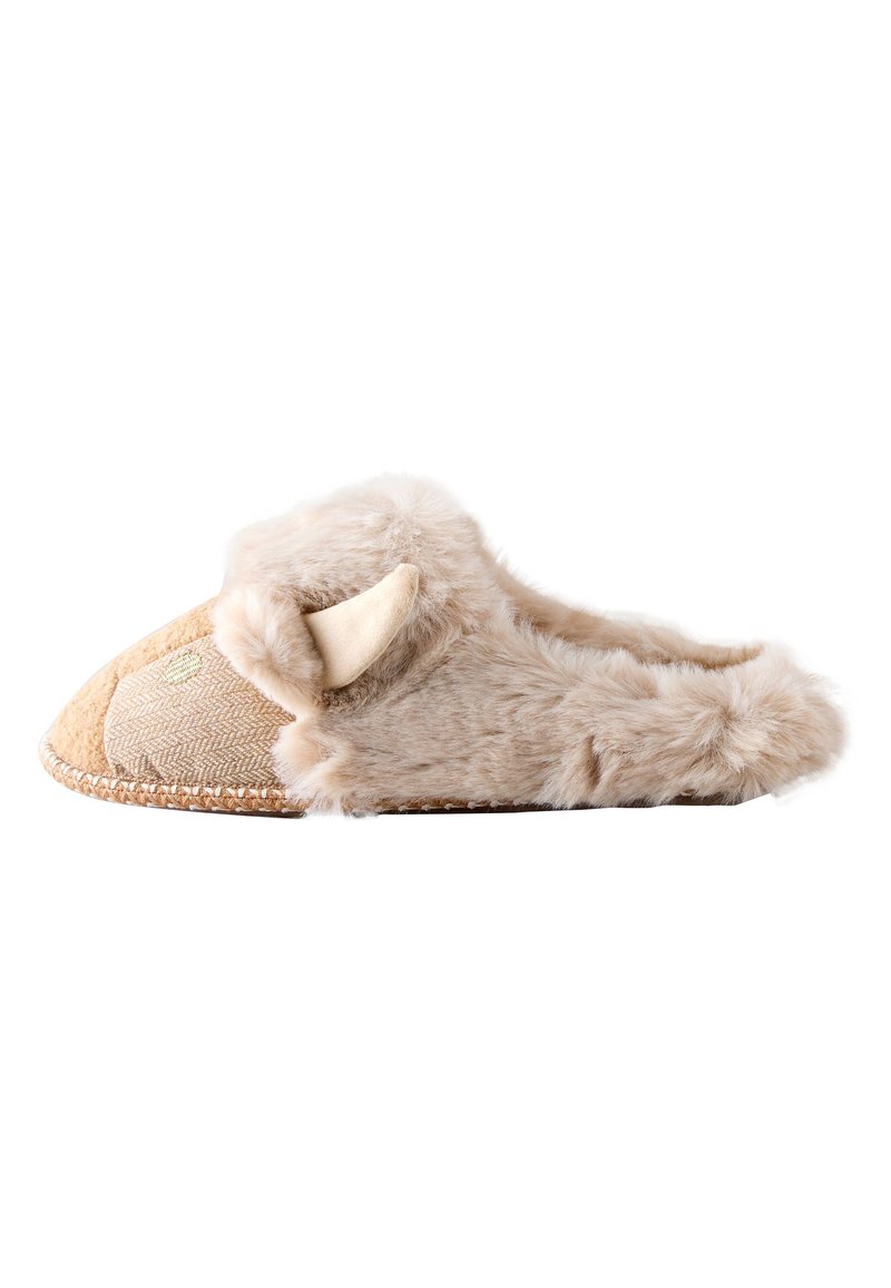 Chaussons beiges duveteux avec des accents brun clair, une texture en chevrons et des oreilles de chaque côté. Doublure en fourrure douce pour le confort.