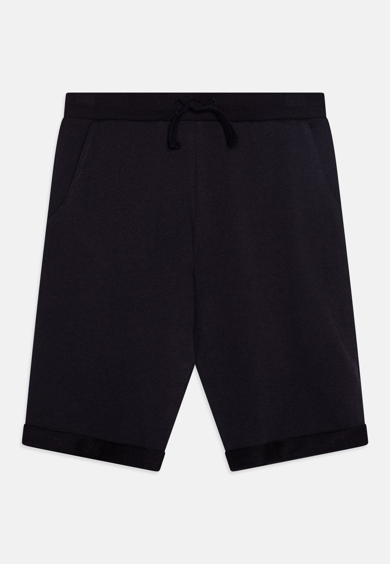 Black cotton shorts with an elastic waistband, drawstring, two side pockets, and ribbed cuffed hems. Smooth texture with a casual design.