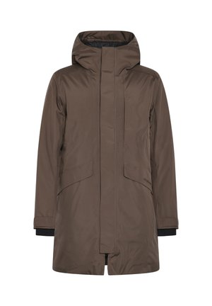 Brauner wasserdichter Parka mit hohem Kragen, verdecktem Frontreißverschluss und zwei großen seitlichen Taschen. Mit schwarzen Strickbündchen und lockerem Schnitt.