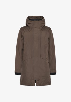 Brauner wasserdichter Parka mit hohem Kragen, verdecktem Frontreißverschluss und zwei großen seitlichen Taschen. Mit schwarzen Strickbündchen und lockerem Schnitt.