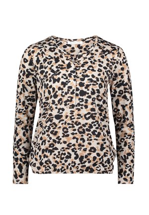 Top a maniche lunghe con stampa leopardata, scollatura a V, caratterizzato da tonalità di beige, marrone e nero. Tessuto morbido con un fit rilassato e dettagli di cucitura sottili.