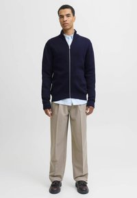 Tamsiai mėlynas zip-up megztinis iš minkštos medžiagos, su aukštu apykakle ir ilgomis rankovėmis, derinamas su šviesiai mėlynu marškinėliu su mygtukais ir šviesiai rudi kelnėmis.