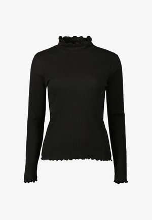Black long-sleeve top with ribbed texture, high ruffled collar, and scalloped edges at cuffs and hem. Designed for a fitted look.