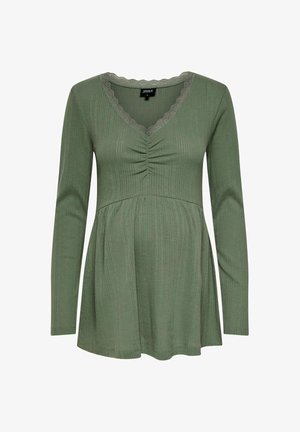 Olijfgroene zwangerschapsblouse met lange mouwen, V-hals met kantafwerking, geplooide buste en een empire taille voor extra comfort en stijl.