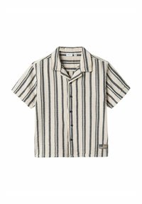 Camicia a maniche corte con colletto, caratterizzata da un motivo a righe intrecciate crema e blu navy, chiusura frontale con cinque bottoni e un piccolo etichetta del marchio.