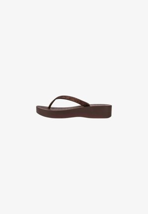 Infradito piattaforma marrone da donna con suola spessa e cinturino texturizzato glitterato, vista laterale su sfondo bianco.