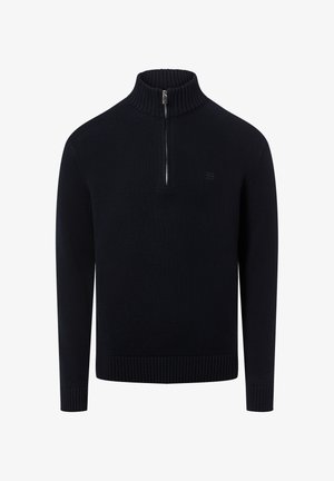 Navy pullover sweater with a high ribbed collar and zip closure. Textured fabric, long sleeves, and ribbed cuffs and hem. Small logo detail.