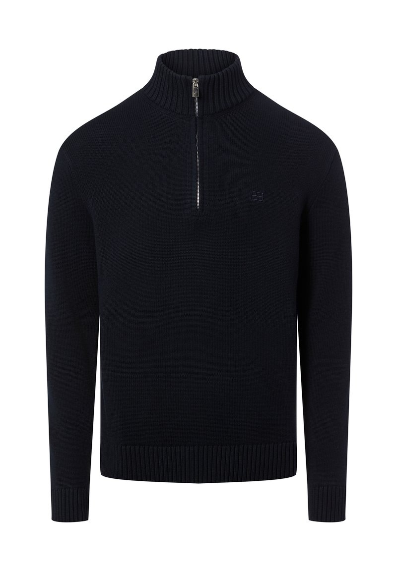 Marineblauer Pullover mit hohem, geripptem Kragen und Reißverschluss. Strukturierter Stoff, lange Ärmel sowie gerippte Bündchen an Ärmeln und Saum. Kleines Logodetail.