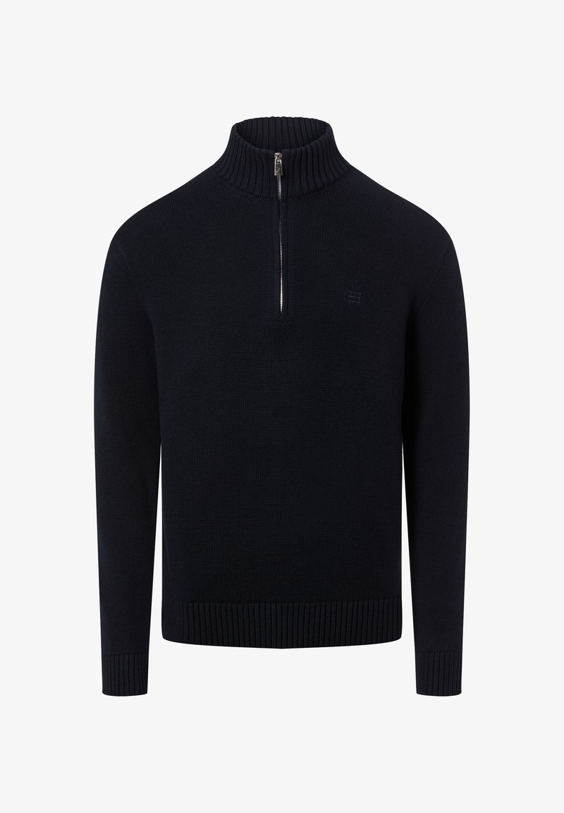 Marineblauwe trui met een hoge geribbelde kraag en ritssluiting. Gestructureerde stof, lange mouwen, en geribbelde boorden aan de mouwen en onderkant. Kleine logodetail.