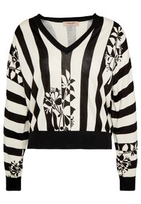 Sweter w paski w czerni i bieli, krótki, z dekoltem w szpic, ozdobiony kwiatowymi wzorami i prążkowanymi mankietami. Wykonany z miękkiego materiału dzianinowego.