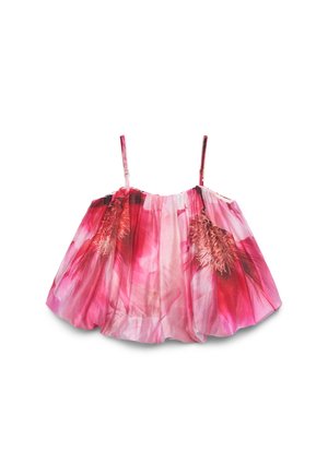 Blouse sans manches à fleurs roses et rouges avec bretelles spaghetti réglables et coupe ample et fluide.