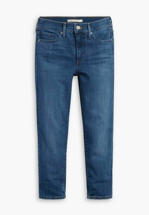 Blue denim jeans with a fitted cut, five-pocket design, and a button closure. Features dark stitching and a smooth texture.