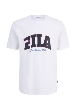White cotton t-shirt with short sleeves. Features a large dark blue arch logo "FILA" and "Established 1911" in blue beneath.