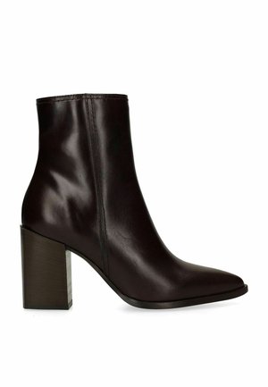Dark brown leather ankle boot with block heel and pointed toe, side view on a white background.