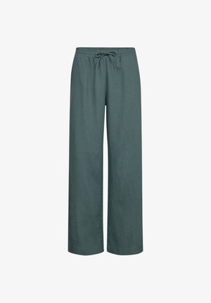 Donkergroene wijde broek met elastische tailleband en trekkoord, geen zichtbare zakken of versieringen, plat weergegeven op een witte achtergrond.