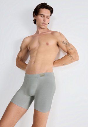 Boxer brev grigi chiari realizzati in tessuto morbido, con una cintura elastica soft e un'etichetta con logo, dal design aderente che valorizza la forma.