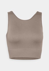 Top corto marrón con canalé, con un escote redondo y sin mangas, que presenta una silueta ajustada y un dobladillo amplio y sin costuras.