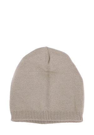 Berretto lavorato a maglia di colore beige chiaro, con una corona arrotondata e un orlo a coste, realizzato in materiale morbido e flessibile.