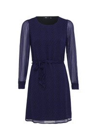 Vestido azul marino con mangas largas de tul, cintura ajustada y cordón de recogido. Presenta un patrón geométrico y escote redondo.