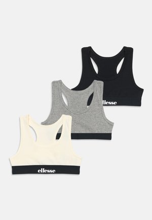 Trzy sportowe biustonosze typu racerback w kolorach czarnym, szarym i kremowym, każdy z czarną opaską i białym logo "ellesse" na przodzie.