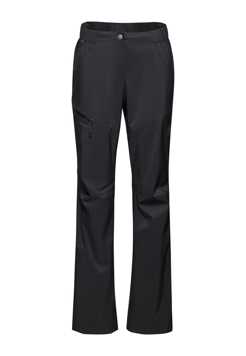 Pantalon noir de plein air avec taille élastique, poche latérale zippée, tissu léger, coupe droite et détail de logo minimaliste.