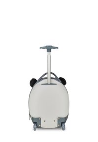 Valigia per bambini con un guscio duro bianco e arrotondato, orecchie finte nere, manico grigio e quattro ruote per una facile mobilità.