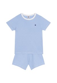 Σετ πιτζάμες από βαμβάκι με ανοικτό μπλε ρίγες, με στρογγυλή λαιμόκοψη, κοντά μανίκια, και αντίστοιχα σορτς με άνετη εφαρμογή. Μικρό λογότυπο στο επάνω μέρος.