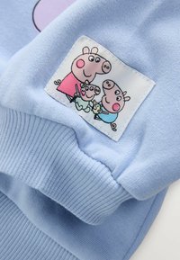 Tissu bleu clair avec un patch cousu montrant une famille de quatre cochons dessinés avec des joues roses portant des vêtements colorés.