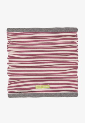 Scaldacollo rigato in rosa e crema con un orlo grigio, realizzato in tessuto morbido. Presenta una texture arricciata e un'etichetta verde in basso.