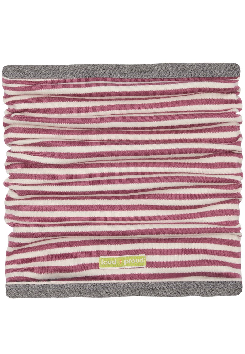 Scaldacollo rigato in rosa e crema con un orlo grigio, realizzato in tessuto morbido. Presenta una texture arricciata e un'etichetta verde in basso.