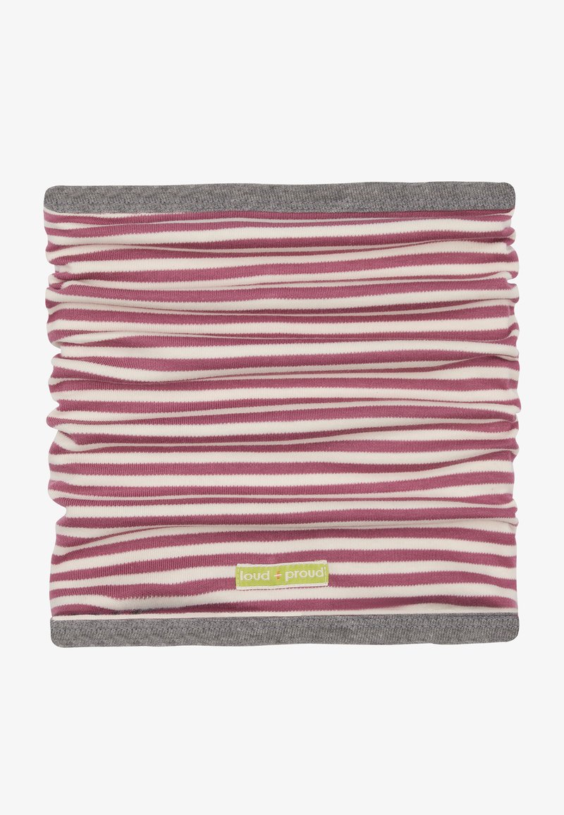 Gestreepte nekwarmer in roze en crème met een grijze zoom, gemaakt van zachte stof. Heeft een geplooide textuur en een groen label aan de onderkant.