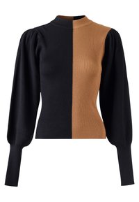 Sweter z długim rękawem, dzianinowy prążkowany, z bufkami na ramionach, pionowo podzielony na czarny i brązowy kolor, z kołnierzem typu mock neck.