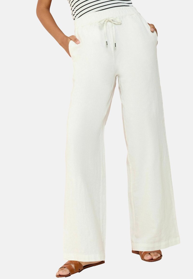 White, wide-leg pants with an elastic waistband and drawstring, featuring side pockets and a soft, textured fabric.