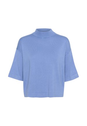 Top scurt cu mâneci scurte, de culoare albastră deschisă, fabricat dintr-un material moale. Prezintă o croială lejeră și un guler texturat, cu striații, pentru un plus de textură.