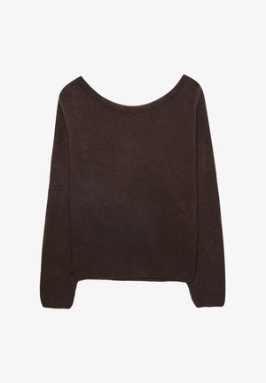 Maglione marrone a maglia con scollatura a spalle scoperte, maniche lunghe e polsini a coste. Texture morbida con una finitura liscia.